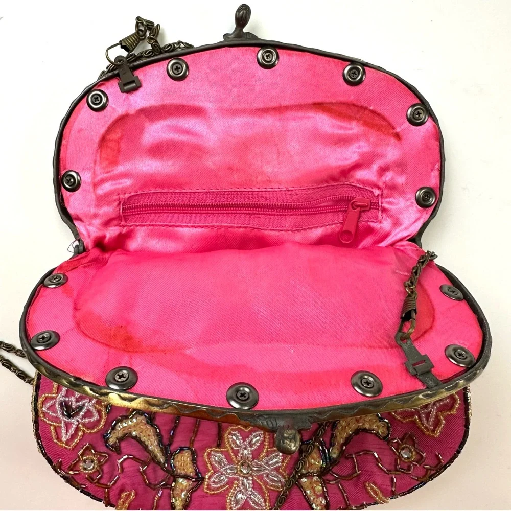 Vintage Pink Beaded Evening Bag Gold Frame Chain Strap Art Deco Glam - Picture 8 of 8